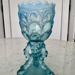 Antique Northwood Blue Opalescent Beads and Bark Vase